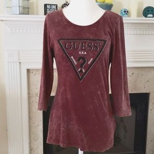 GUESS Los Angeles SM Women's Shirt Burgundy Cut Out Back Silver Sparkle Logo 😍